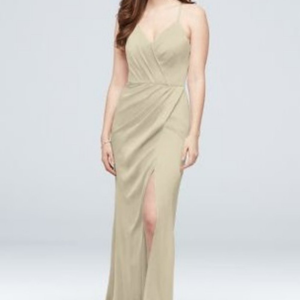 David's Bridal Spaghetti Strap Crepe-Back Satin Bridesmaid Dress Champagne - 0